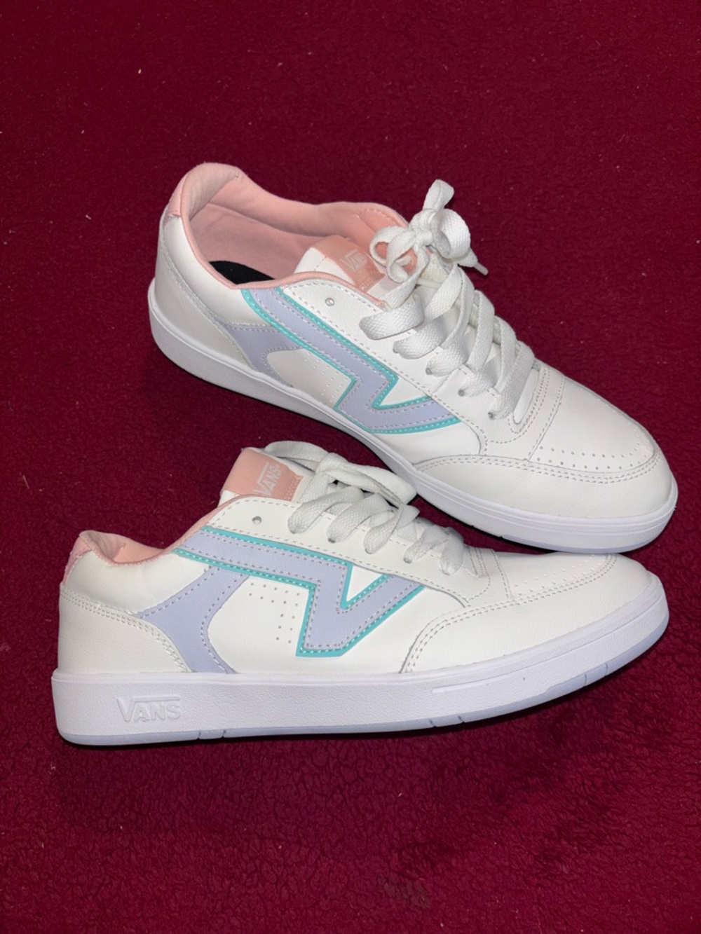 Vans Women’s White Sneakers with Pastel Pink & Mint Accents